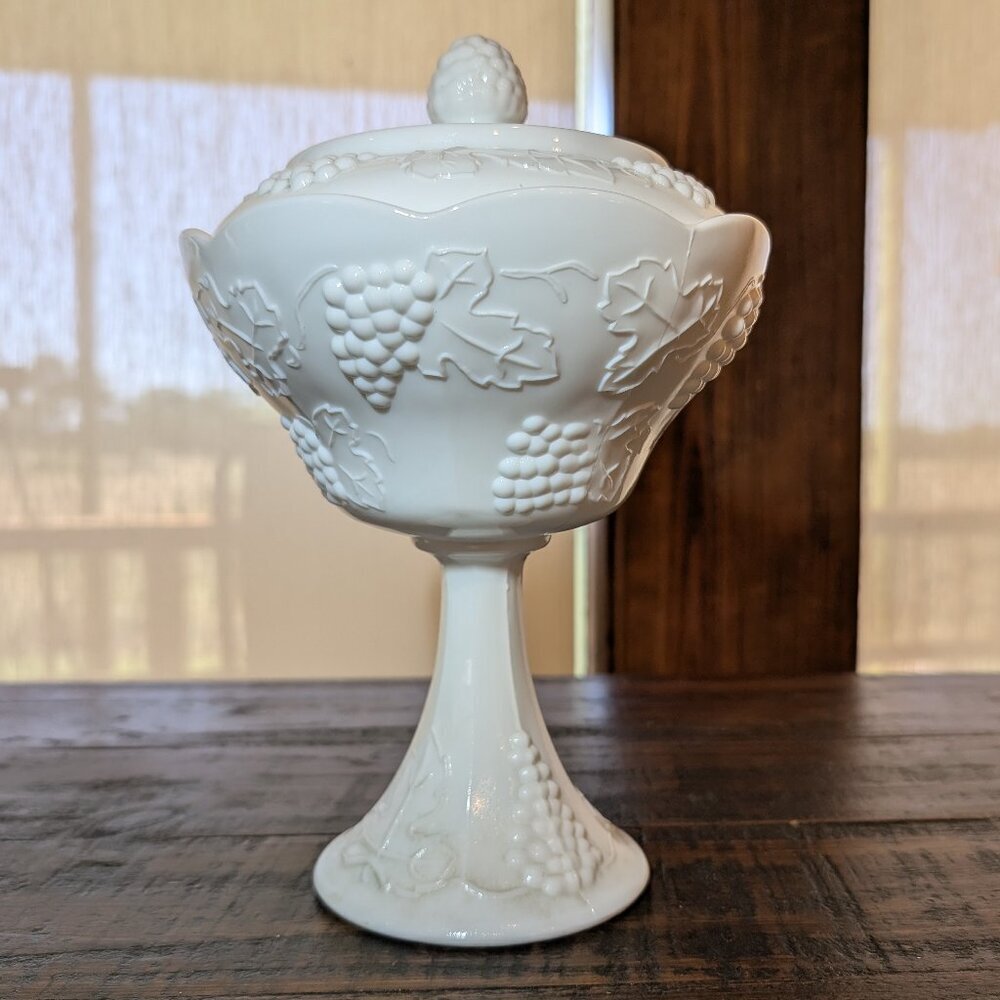 Vintage Milk Glass Wedding Compote w/ Lid "Harvest Grape" Pattern Indiana Glass